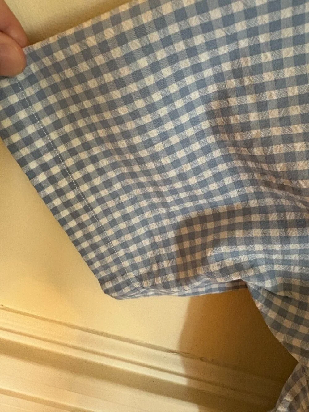 Mason & Sons camp shirt M medium blue and white gingham seersucker James Bond - Picture 5 of 6